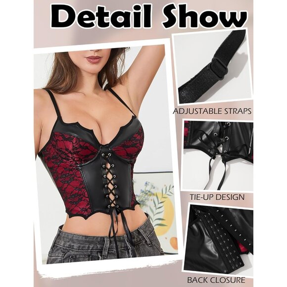 Women Black Red Sexy PU Leather Lace Up Corset Bustier Adjustable Push Up Top - Picture 4 of 5